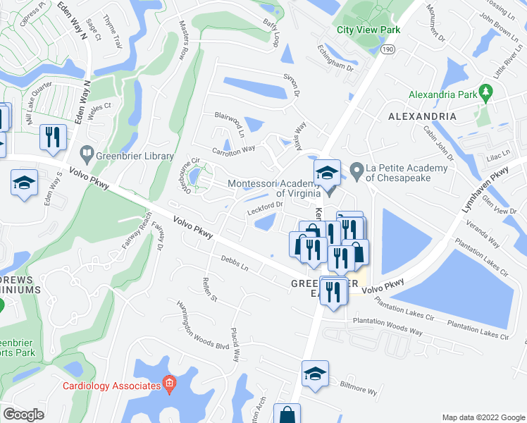 map of restaurants, bars, coffee shops, grocery stores, and more near 1433 Leckford Drive in Chesapeake