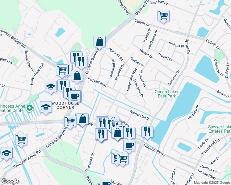 map of restaurants, bars, coffee shops, grocery stores, and more near 2201 Newstead Drive in Virginia Beach