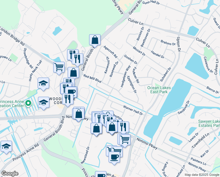 map of restaurants, bars, coffee shops, grocery stores, and more near 2201 Newstead Drive in Virginia Beach