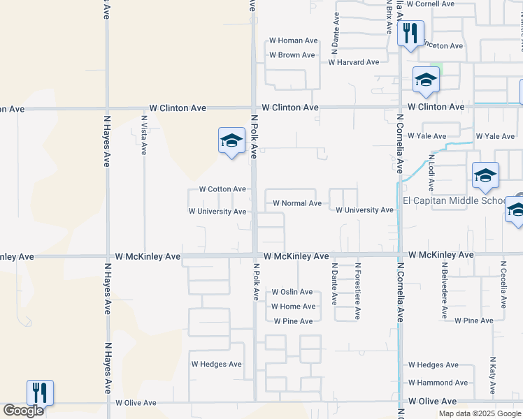 map of restaurants, bars, coffee shops, grocery stores, and more near 2105 North Ellendale Avenue in Fresno