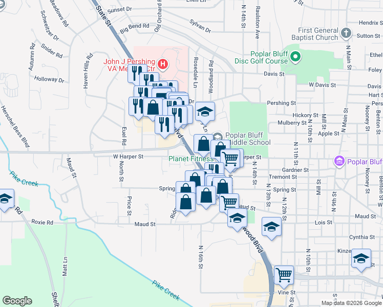 map of restaurants, bars, coffee shops, grocery stores, and more near U.S. 60 Business in Poplar Bluff