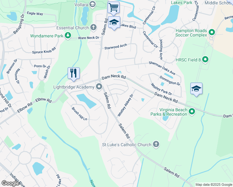 map of restaurants, bars, coffee shops, grocery stores, and more near Cromwell Park Drive in Virginia Beach