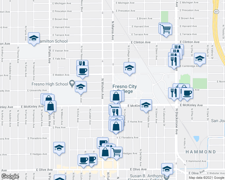 map of restaurants, bars, coffee shops, grocery stores, and more near N Maroa Ave & E University Ave in Fresno
