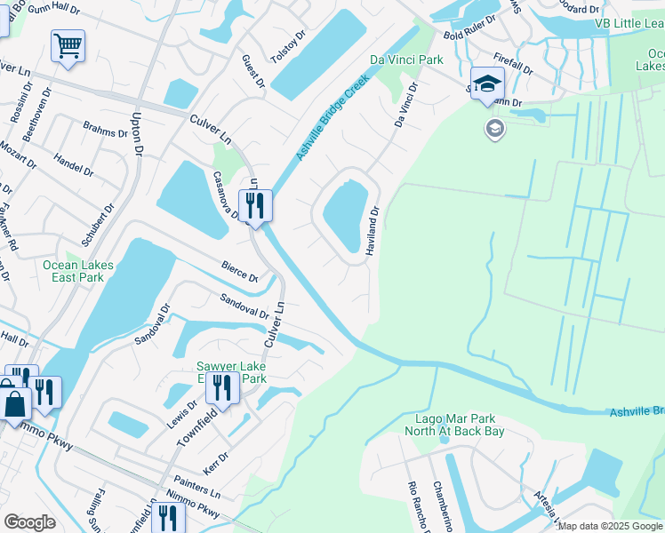 map of restaurants, bars, coffee shops, grocery stores, and more near 1109 Cardston Court in Virginia Beach