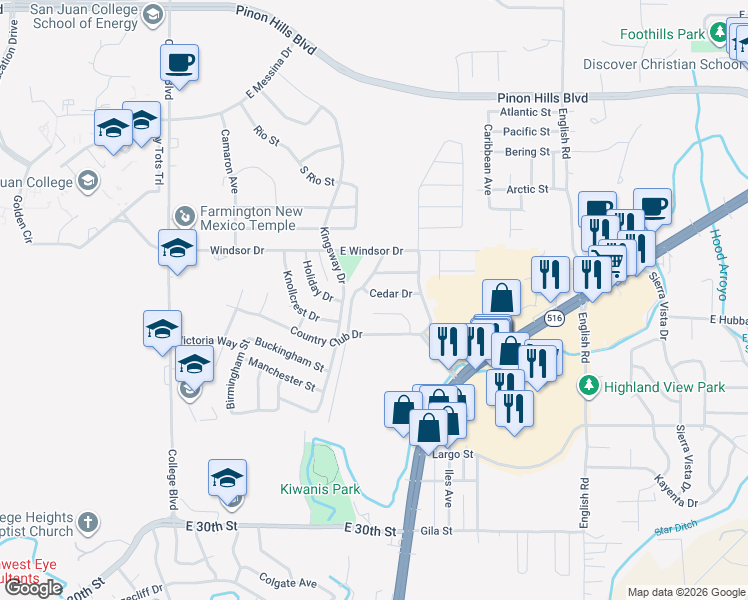 map of restaurants, bars, coffee shops, grocery stores, and more near 4016 East Douglas Street in Farmington