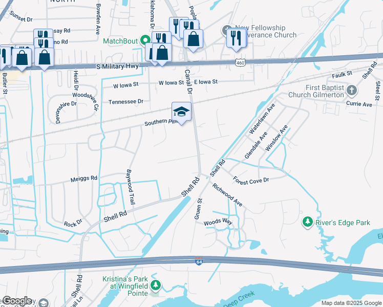 map of restaurants, bars, coffee shops, grocery stores, and more near 103 Lake Street in Chesapeake