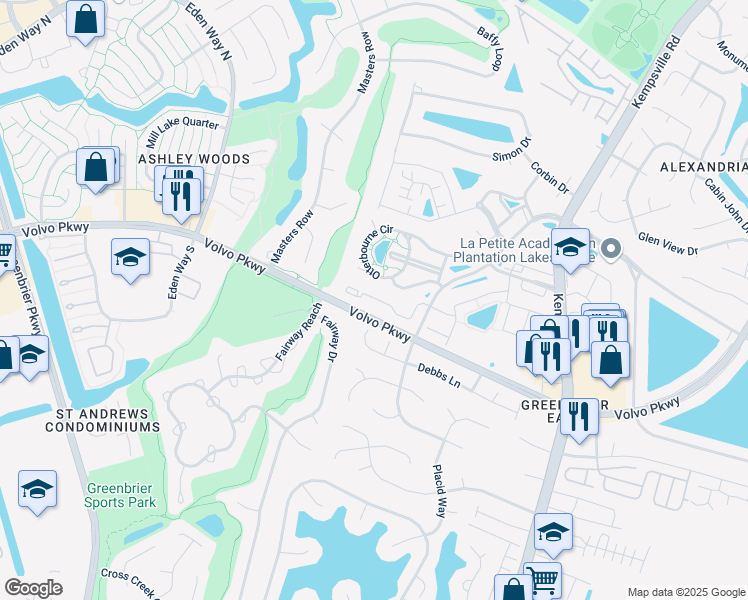 map of restaurants, bars, coffee shops, grocery stores, and more near 1439 Rollesby Way in Chesapeake