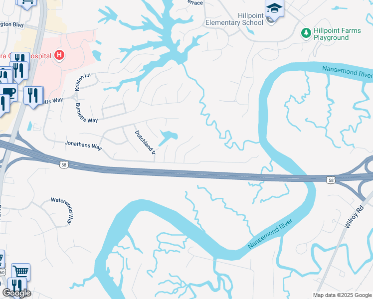 map of restaurants, bars, coffee shops, grocery stores, and more near 107 Cortland Court in Suffolk
