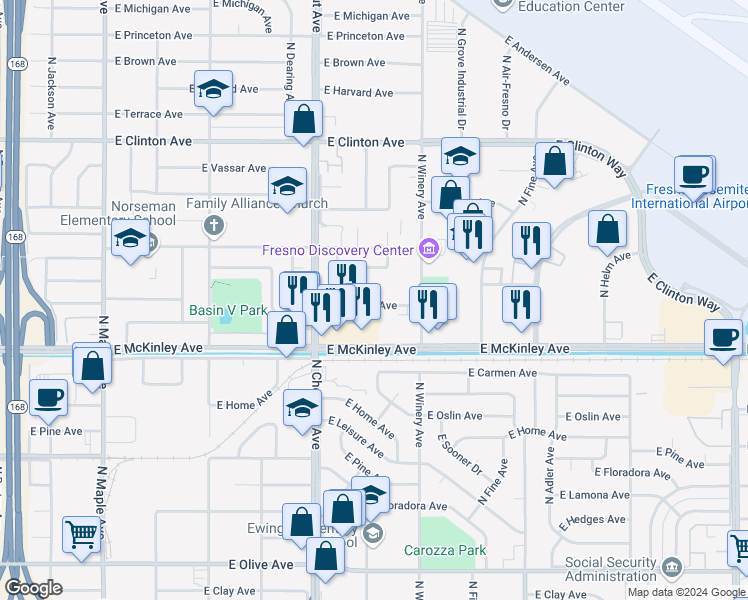 map of restaurants, bars, coffee shops, grocery stores, and more near 4850 East University Avenue in Fresno