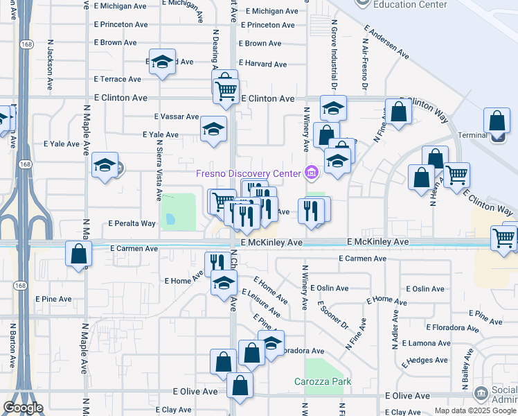 map of restaurants, bars, coffee shops, grocery stores, and more near 4850 East University Avenue in Fresno