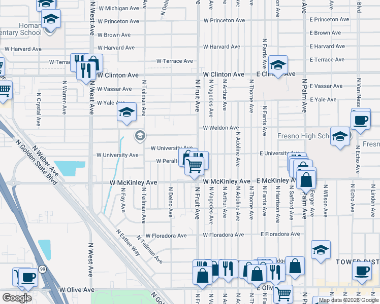 map of restaurants, bars, coffee shops, grocery stores, and more near 536 West Peralta Way in Fresno