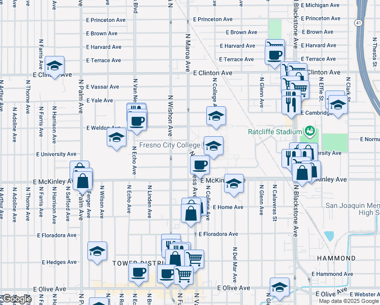 map of restaurants, bars, coffee shops, grocery stores, and more near in Fresno