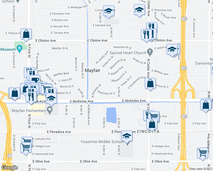 map of restaurants, bars, coffee shops, grocery stores, and more near 3813 Arden Drive South in Fresno
