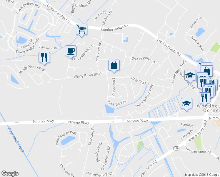 map of restaurants, bars, coffee shops, grocery stores, and more near 2577 Piney Bark Drive in Virginia Beach