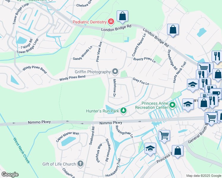 map of restaurants, bars, coffee shops, grocery stores, and more near 2577 Piney Bark Drive in Virginia Beach