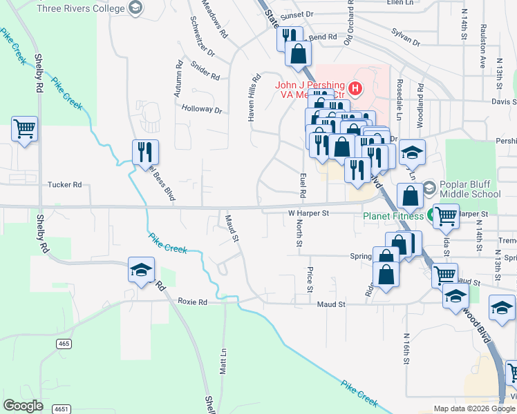 map of restaurants, bars, coffee shops, grocery stores, and more near 1203 Lurlyn Road in Poplar Bluff