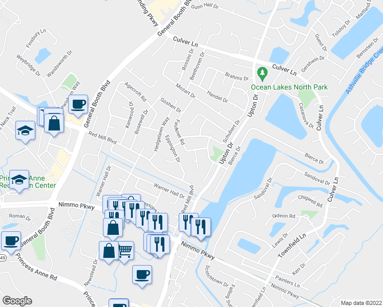 map of restaurants, bars, coffee shops, grocery stores, and more near 1217 Faulkner Road in Virginia Beach