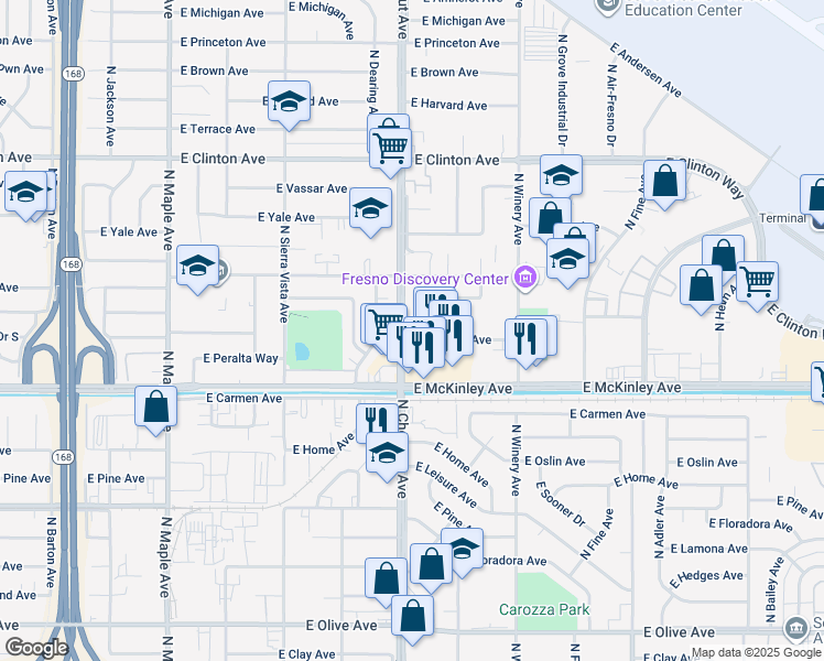 map of restaurants, bars, coffee shops, grocery stores, and more near 1746 North Chestnut Avenue in Fresno