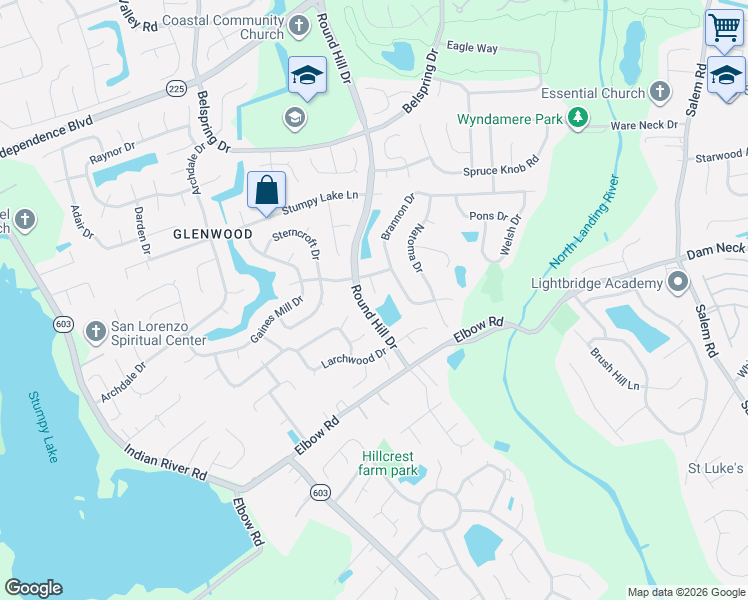 map of restaurants, bars, coffee shops, grocery stores, and more near 3705 Middlewood Court in Virginia Beach
