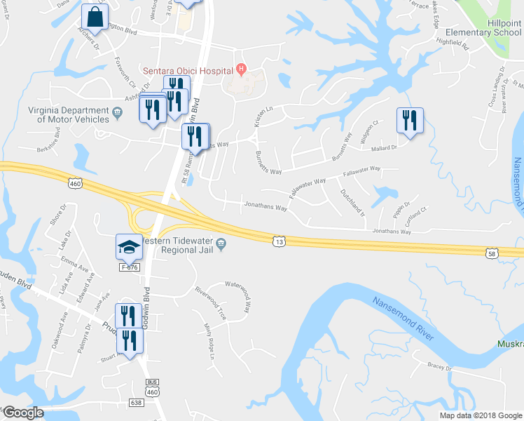 map of restaurants, bars, coffee shops, grocery stores, and more near 212 Jonathans Way in Suffolk