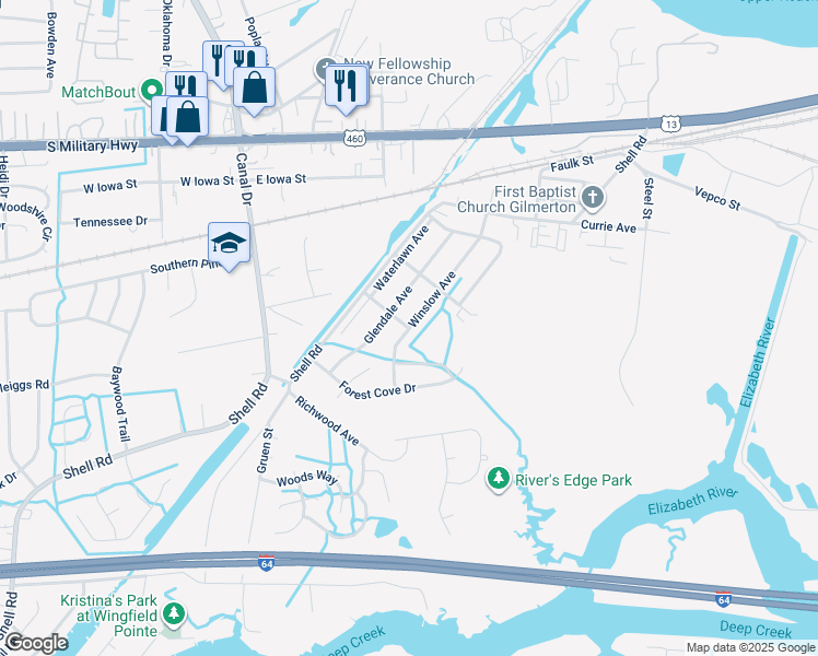 map of restaurants, bars, coffee shops, grocery stores, and more near 1400 Winslow Avenue in Chesapeake