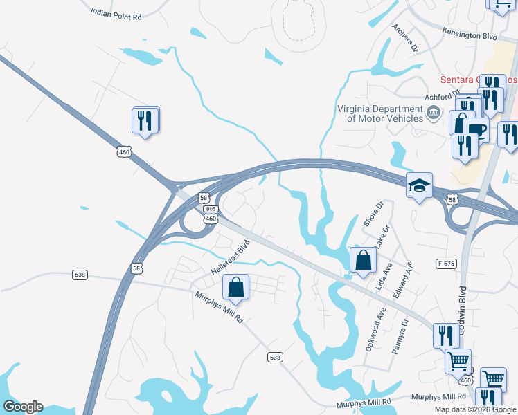 map of restaurants, bars, coffee shops, grocery stores, and more near Sandy Spring Lane in Suffolk