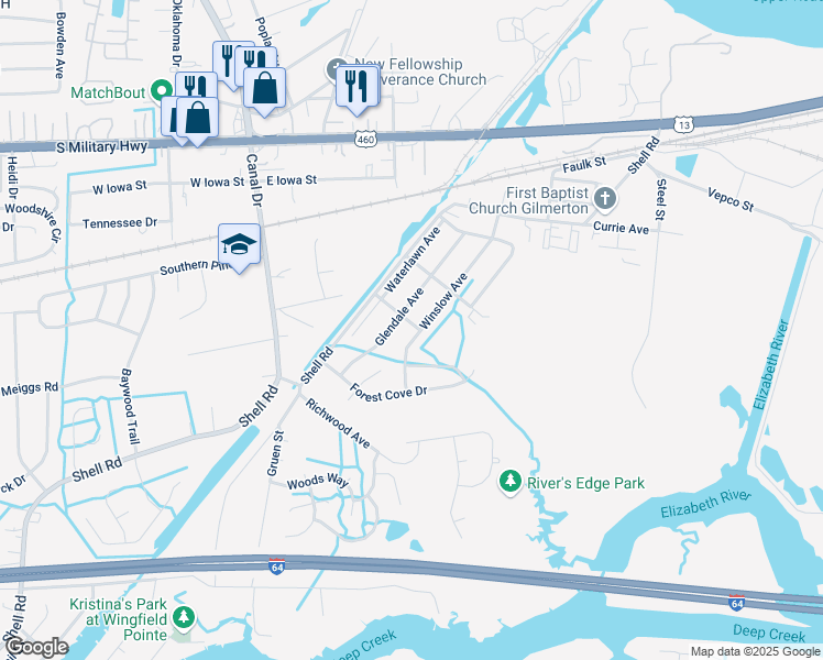 map of restaurants, bars, coffee shops, grocery stores, and more near 1336 Winslow Avenue in Chesapeake