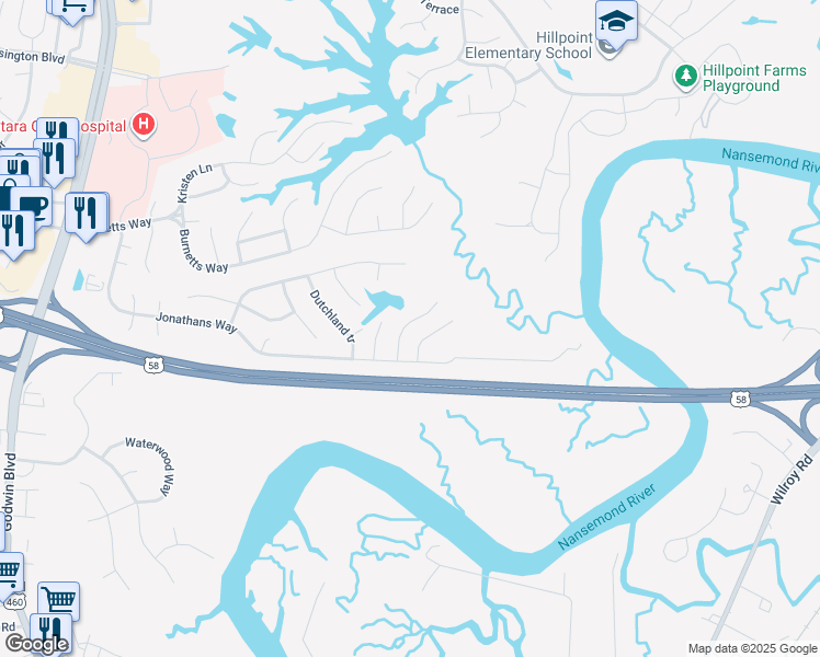 map of restaurants, bars, coffee shops, grocery stores, and more near 106 Pippin Drive in Suffolk