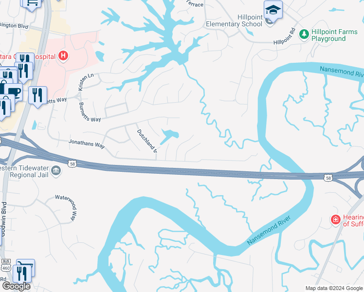 map of restaurants, bars, coffee shops, grocery stores, and more near 106 Pippin Drive in Suffolk