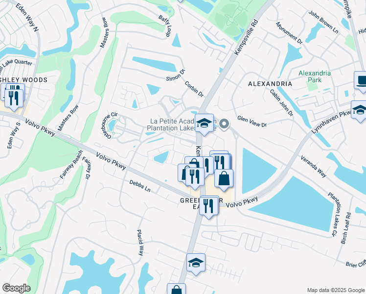 map of restaurants, bars, coffee shops, grocery stores, and more near 1617 Thomason Trail in Chesapeake