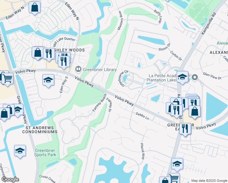 map of restaurants, bars, coffee shops, grocery stores, and more near 1409 Rollesby Way in Chesapeake