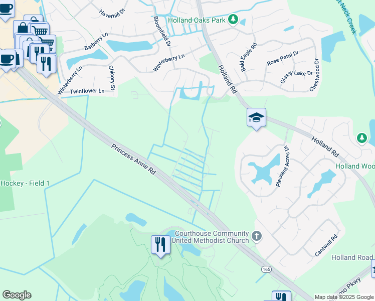 map of restaurants, bars, coffee shops, grocery stores, and more near 2929 Bermuda Grass Loop in Virginia Beach
