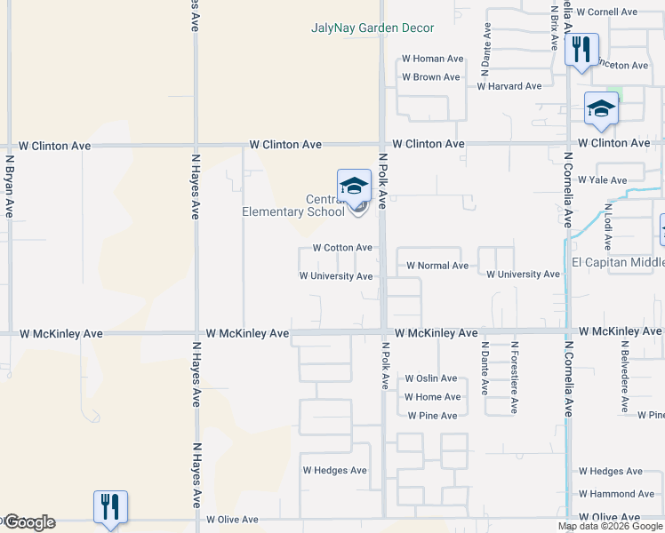 map of restaurants, bars, coffee shops, grocery stores, and more near 5595 West University Avenue in Fresno
