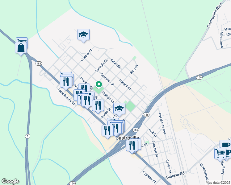 map of restaurants, bars, coffee shops, grocery stores, and more near 10961 Geil Street in Castroville
