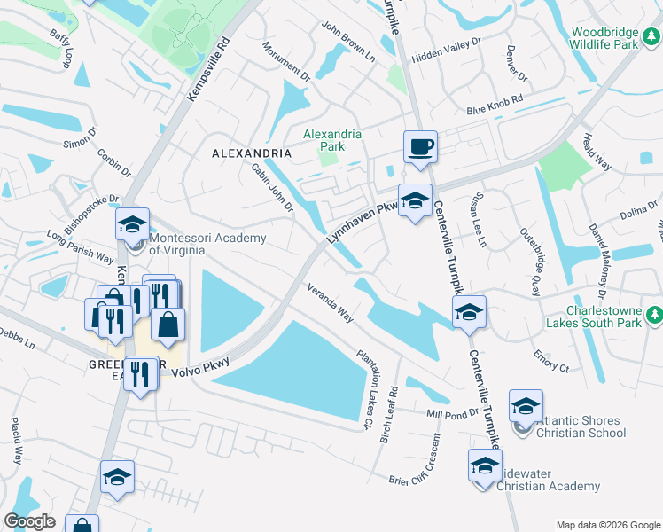 map of restaurants, bars, coffee shops, grocery stores, and more near 1503 Debreck Way in Chesapeake