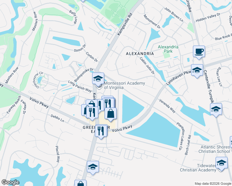 map of restaurants, bars, coffee shops, grocery stores, and more near 1523 Orchard Grove Drive in Chesapeake