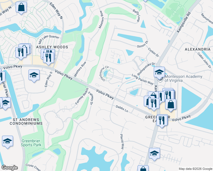 map of restaurants, bars, coffee shops, grocery stores, and more near 1439 Rollesby Way in Chesapeake