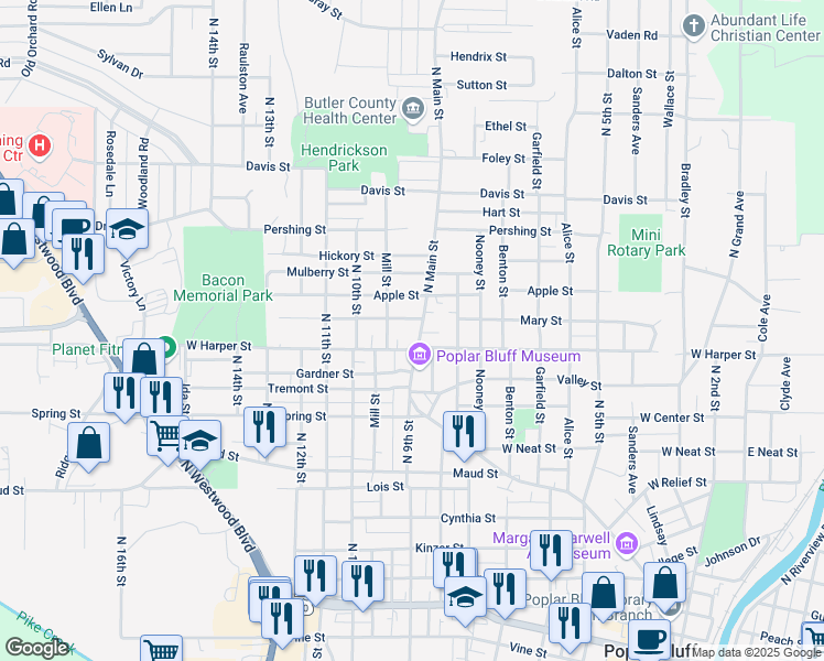map of restaurants, bars, coffee shops, grocery stores, and more near 1101 North Main Street in Poplar Bluff