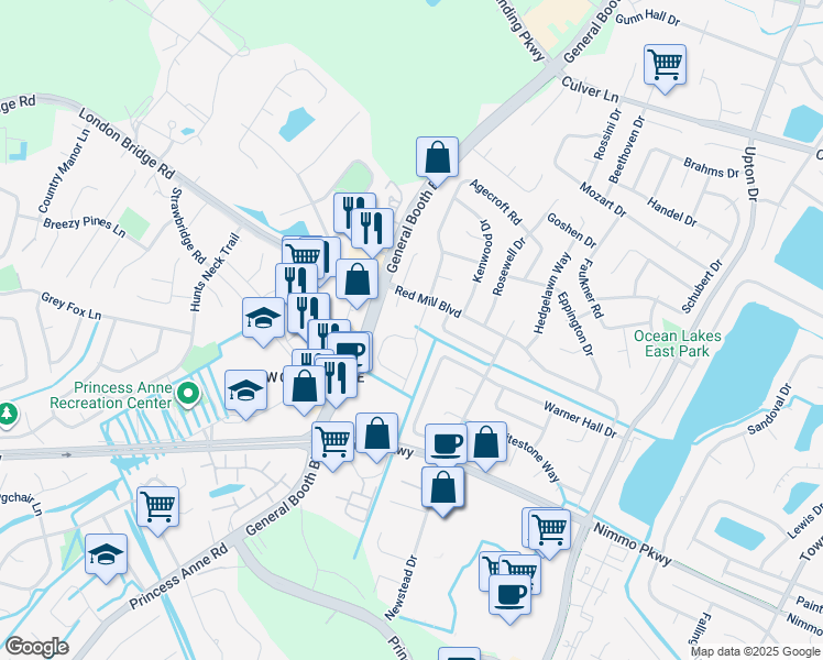 map of restaurants, bars, coffee shops, grocery stores, and more near 1200 Hickman Arch in Virginia Beach