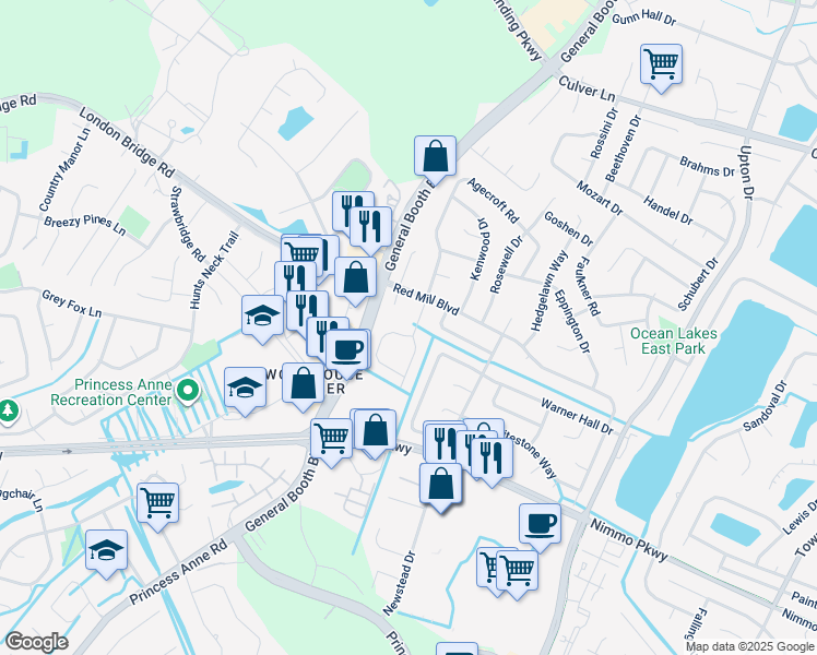 map of restaurants, bars, coffee shops, grocery stores, and more near 1200 Hickman Arch in Virginia Beach