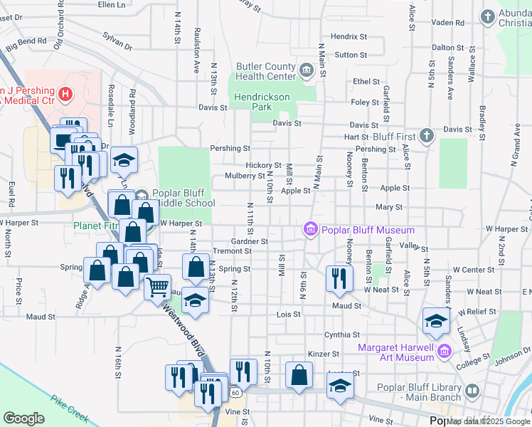map of restaurants, bars, coffee shops, grocery stores, and more near 1005 West Harper Street in Poplar Bluff
