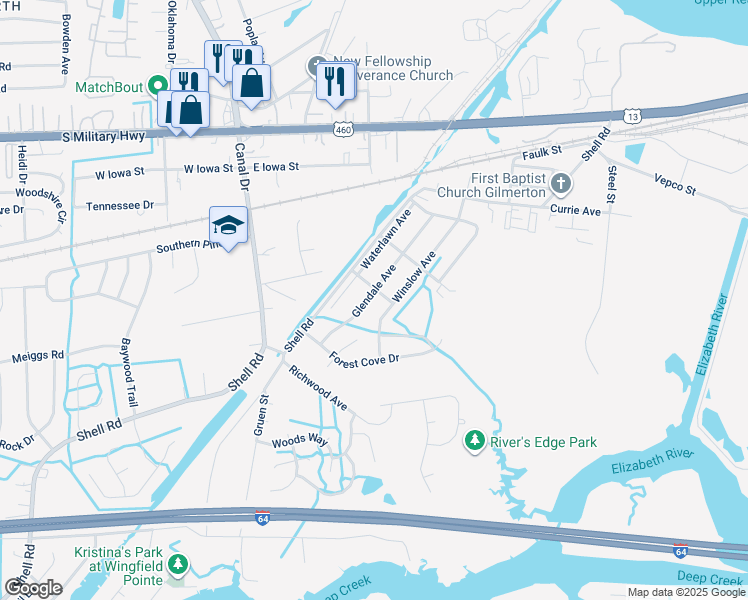 map of restaurants, bars, coffee shops, grocery stores, and more near 1333 Glendale Avenue in Chesapeake