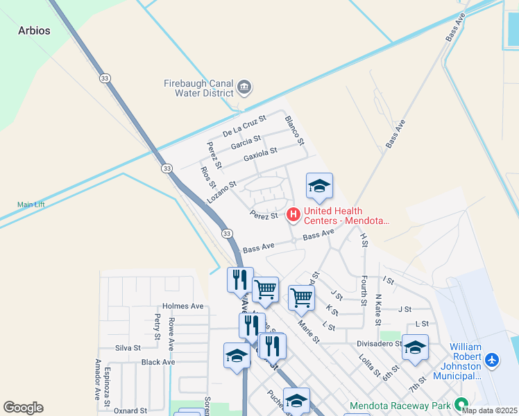 map of restaurants, bars, coffee shops, grocery stores, and more near 647 Perez Street in Mendota