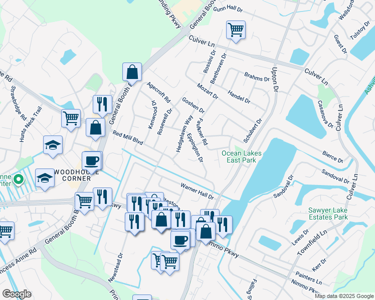 map of restaurants, bars, coffee shops, grocery stores, and more near 1105 Bellview Court in Virginia Beach