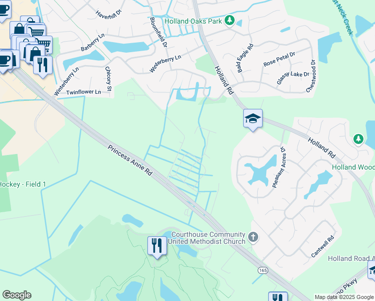 map of restaurants, bars, coffee shops, grocery stores, and more near 2929 Bermuda Grass Loop in Virginia Beach