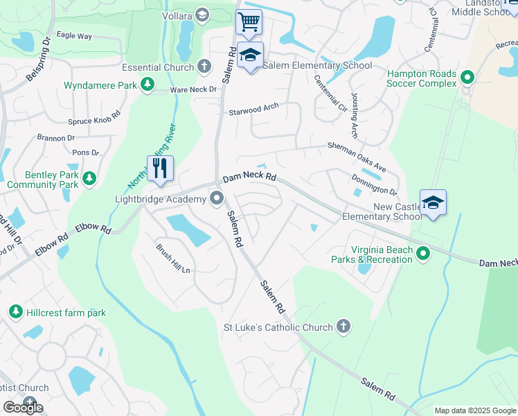 map of restaurants, bars, coffee shops, grocery stores, and more near 2117 Catworth Drive in Virginia Beach