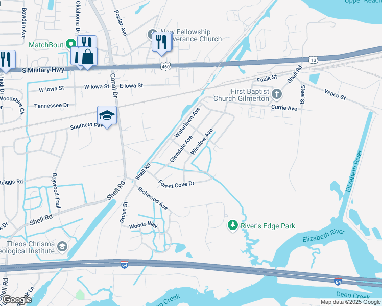 map of restaurants, bars, coffee shops, grocery stores, and more near 1400 Winslow Avenue in Chesapeake