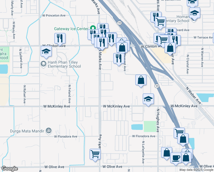 map of restaurants, bars, coffee shops, grocery stores, and more near 2130 North Marks Avenue in Fresno