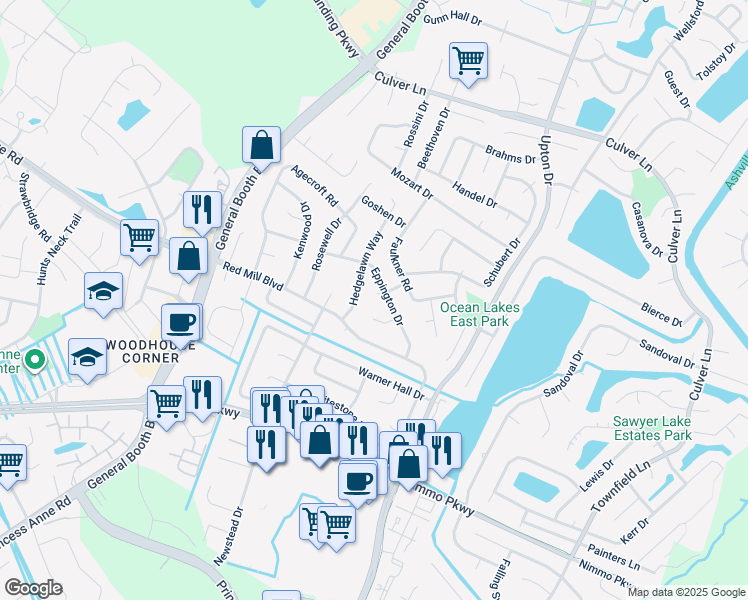 map of restaurants, bars, coffee shops, grocery stores, and more near 1105 Bellview Court in Virginia Beach