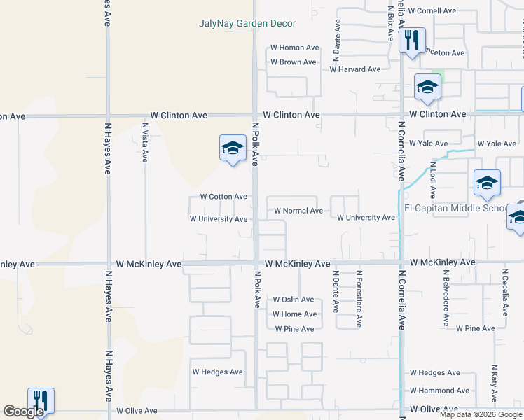 map of restaurants, bars, coffee shops, grocery stores, and more near 5425 West University Avenue in Fresno